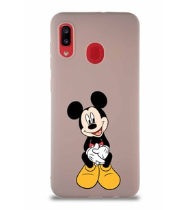 Samsung Galaxy A20 Soft Premier Kapak Mickey Mouse-A Tasarımlı Silikon Kılıf - Pudra (Şeffaf)