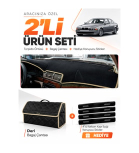 e-biz BMW E39 (1995-2003) Uyumlu Torpido Örtüsü + Deri Bagaj Çantası Seti - Siyah-Bej - BM009