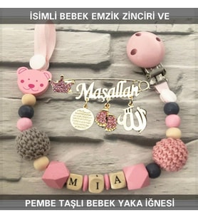 İsimli Bebek Emzik Zinciri ve Pembe Taşlı Bebek Yaka İğnesi