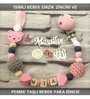 İsimli Bebek Emzik Zinciri ve Pembe Taşlı Bebek Yaka İğnesi