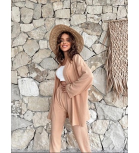 Kadın Beli Lastikli Bürümcük Kumaş Pantolon Kimono 2li Takım Set Krem