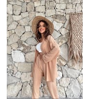 Kadın Beli Lastikli Bürümcük Kumaş Pantolon Kimono 2li Takım Set Krem