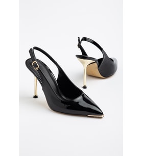 Kadın İnce Topuklu Stiletto Siyah Rugan Metal Taş Aksesuarlı