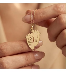 Kişiye Özel 925 Ayar Gümüş Şık Bebek Ayak İzi Doğum Bilgileri Kolye (Gold)