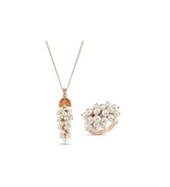 Üzüm Salkımı Doğal İnci Kolye Yüzük İkili Set (Rose)
