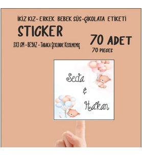 İkiz Erkek Kız Bebek Çikolata ve Süs Etiketi 70 Adet Yapışkanlı