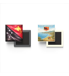 Buzdolap Magnetleri - Papua Yeni Gine Bayrağı ve Port Moresby Retro Tema - 2'li Set Magneti