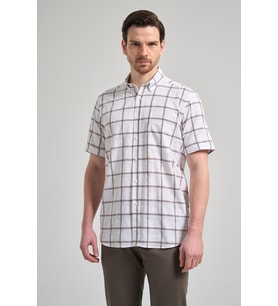 Kısa Kol Ekose Desen Armürlü Düğmeli Yaka cepli Pamuklu Classic Comfort Fit Gömlek 1004250166