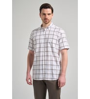 Kısa Kol Ekose Desen Armürlü Düğmeli Yaka cepli Pamuklu Classic Comfort Fit Gömlek 1004250166 (Beyaz)