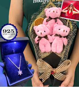Fotoğraflı Büyük Boy Peluş Ayıcık Buketi ve Işıklı Kutusunda 925 Ayar Gümüş Lotus Kolye (Model 1)