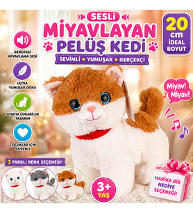 Sesli Miyavlayan Peluş Kedi 20 cm Yumuşak Sevimli Ayakta İnteraktif Oyuncak