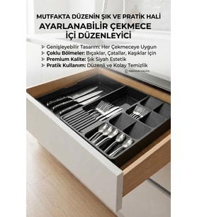 Çekmece İçi Kaşıklık ve Bıçaklık Düzenleyici Organizer Ayarlanabilir Kayar Kızaklı (Antrasit)