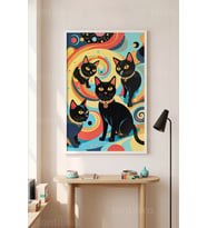 Kedi Temalı Renk Cümbüşü 1. Kalite Ahşap Çerçeveli Tablo
