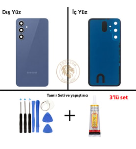 Samsung Galaxy S23 FE Mavi Renk Lensli Arka Kapak + Tamir Seti + B7000 Yapıştırıcı Arka Cam Batarya Kapağı Pil Kapağı Lazer Kesim Back Cover Galaxy S23 FE Uyumlu