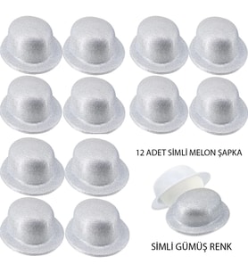 Gümüş Renk Simli Melon Yuvarlak Parti Şapkası 12 Adet