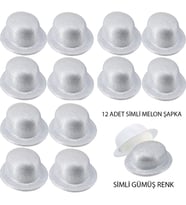 Gümüş Renk Simli Melon Yuvarlak Parti Şapkası 12 Adet