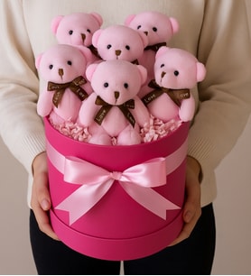 Koyu Pembe Silindir Kutuda Pudra Pembe Peluş Ayıcık Buketi Sevgiliye Eşe Arkadaşa Hediye Anneler Günü