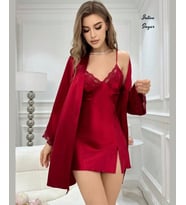 Intive Sugar Bordo Dantelli Saten Mini Etekli Yırtmaçlı Sabahlıklı Takım
