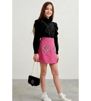 Kız Çocuk Kristal Taşlı Kalp Figürlü Pembe Etekli Takım