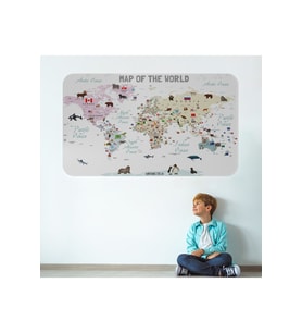 Eğitici Ve Bayraklı Dünya Haritası Dünya Atlası Çocuk Ve Bebek Odası Duvar Sticker-3813-85x130