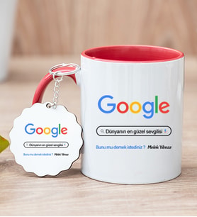 Kişiye Özel Google Tasarım Esprili Kırmızı Kupa Bardak ve Anahtarlık