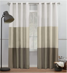Lexroo Curtains Chateau Çizgili Suni İpek Halkalı Üst Perde Panel Çifti, 54x84, Beyaz/Kum