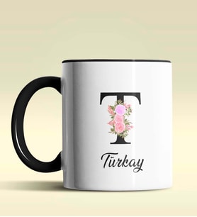 Kişiye Özel T Harfi Temalı Çiçekli Tasarım Siyah Renk Kupa (Siyah)