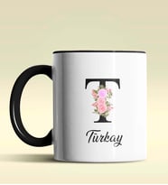 Kişiye Özel T Harfi Temalı Çiçekli Tasarım Siyah Renk Kupa (Siyah)