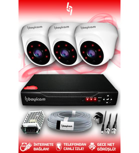 BAYICAM 3 Kameralı Dome 3 İç Kamera Set HDD'siz Full HD Gece Görüşlü Güvenlik Kamerası Sistemi