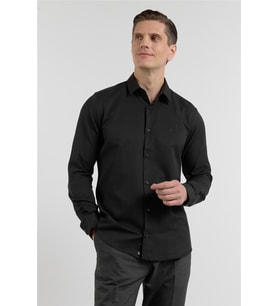Siyah Sert Yaka Uzun Kol Cepsiz Slim Fit Pamuklu Gömlek 1004255284
