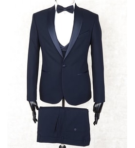 Jan Carlucci Slim Fit Şal Yaka-Çift Yırtmaç Lacivert Drop 6 Damatlık Smokin - Full Set Yelek, Gömlek, Papyon