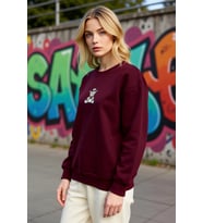 Kadın Moda Şık Relaxed Bisiklet Yaka Düşük Kol Regular Rahat Kalıp Nakışlı Kalın Örme Sweatshirt