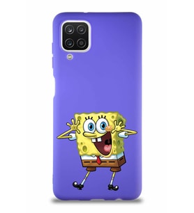Samsung Galaxy A12 Soft Premier Kapak Sünger Bob Tasarımlı Silikon Kılıf - Mor (Şeffaf)
