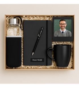 Kişiye Özel Defter & Cam Şişe Matara & Metal Touch Pen Kalem & Fotoğraf Çerçevesi & Siyah Kupa Hediye Seti