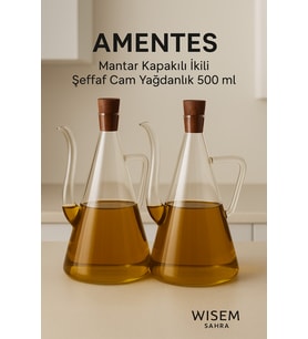 2'li 500ml Şeffaf Cam Yağdanlık Takımı, Mantar Kapaklı, Şık Tasarım