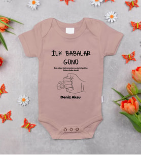 BK Kids Kişiye Özel İlk Babalar Günü Tasarımlı Pembe %100 Pamuklu Kısa Kol Bebek Body Zıbın, Yeni Doğan Bebek Hediyesi