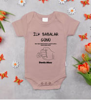 BK Kids Kişiye Özel İlk Babalar Günü Tasarımlı Pembe %100 Pamuklu Kısa Kol Bebek Body Zıbın, Yeni Doğan Bebek Hediyesi
