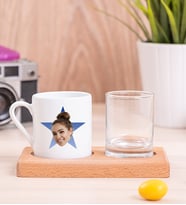 Kişiye Özel Mavi Yıldız Kafa Fotoğraflı Ahşap Sunumlu Kahve Fincanı
