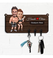 Spor Yapmayı Seven Çiftler Karikatürlü Anahtar Askısı