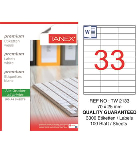 Tanex Lazer Etiket tw-2133 100 A4 Sayfa Laser Etiket 70 X 25 mm Boyutunda 1 A4 Sayfada 33 Etiket