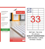 Tanex Lazer Etiket tw-2133 100 A4 Sayfa Laser Etiket 70 X 25 mm Boyutunda 1 A4 Sayfada 33 Etiket