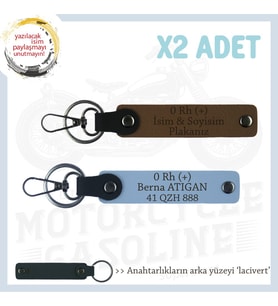 Güvenli Sürüş İçin, İsim Plaka ve 0 Rh (+) Kan Grubu Yazılı Motorcu Anahtarlığı 2li, Kahve-Mavi-Laci (Çok Renkli)