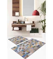 Mavi Çini Desen Banyo Halısı Klozet Takımı Paspas Seti BS042