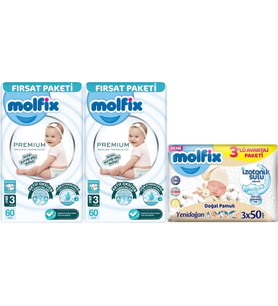 Molfix Premium Bebek Bezi Beden:3 (4-9KG) Midi 120 Adet Fırsat Pk + 3 Adet Islak Mendil