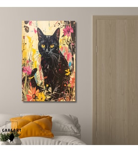 Tekli Dikey Kanvas Tablo Renkli Soft Siyah Kedi Portresi