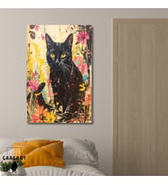 Tekli Dikey Kanvas Tablo Renkli Soft Siyah Kedi Portresi