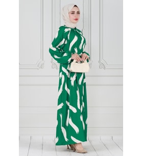 Fırça Desen Saten Tesettür Elbise-Yeşil
