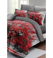 Çift Kişilik ( Lastikli Çarşaflı ) %100 Pamuk Saten Nevresim Takımı Red Tree