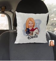 BK Gift Kişiye Özel İsimli Kadın Emlakçı Karikatürlü Kare Araç Koltuk Yastığı-1