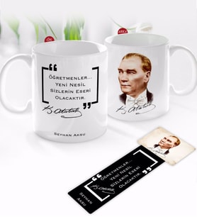 BK Gift Kişiye Özel İsimli Atatürk Temalı Kupa Bardak ve Ahşap Kitap Ayracı-15